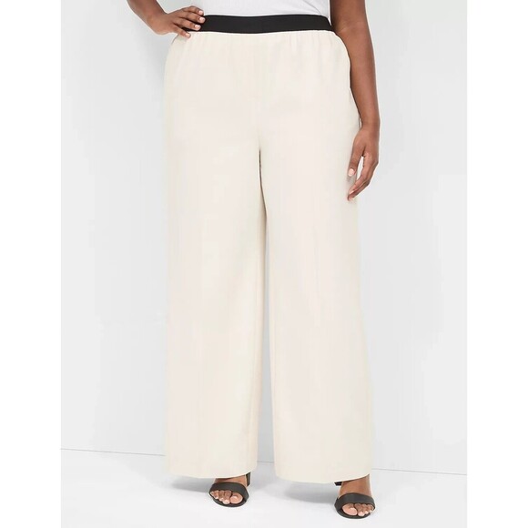 LANE BRYANT Exposed Elastic Waistband Pull On Dress Pants Women 14 Ivory Lined - Picture 1 of 13